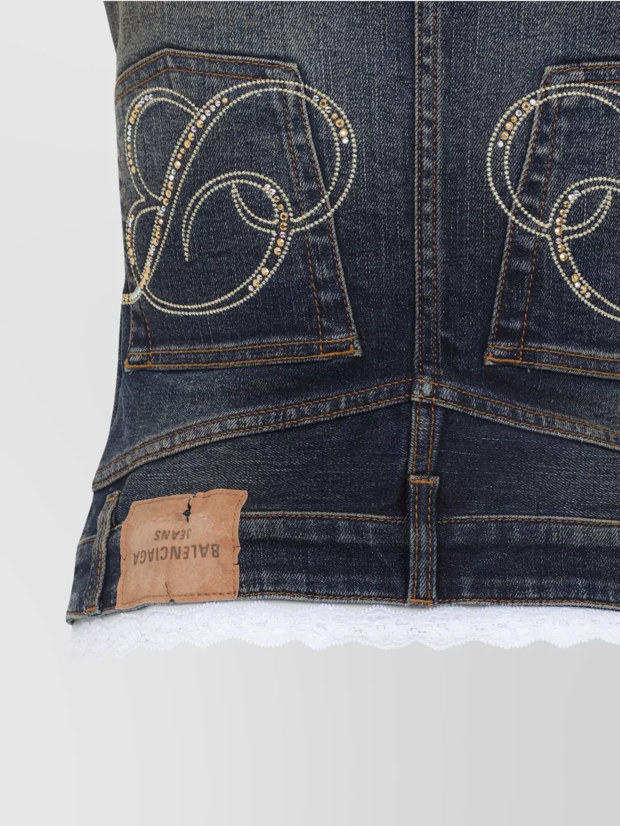 Balenciaga Denim Top With Lace Trim And Rhinestone Embellishments In Black
