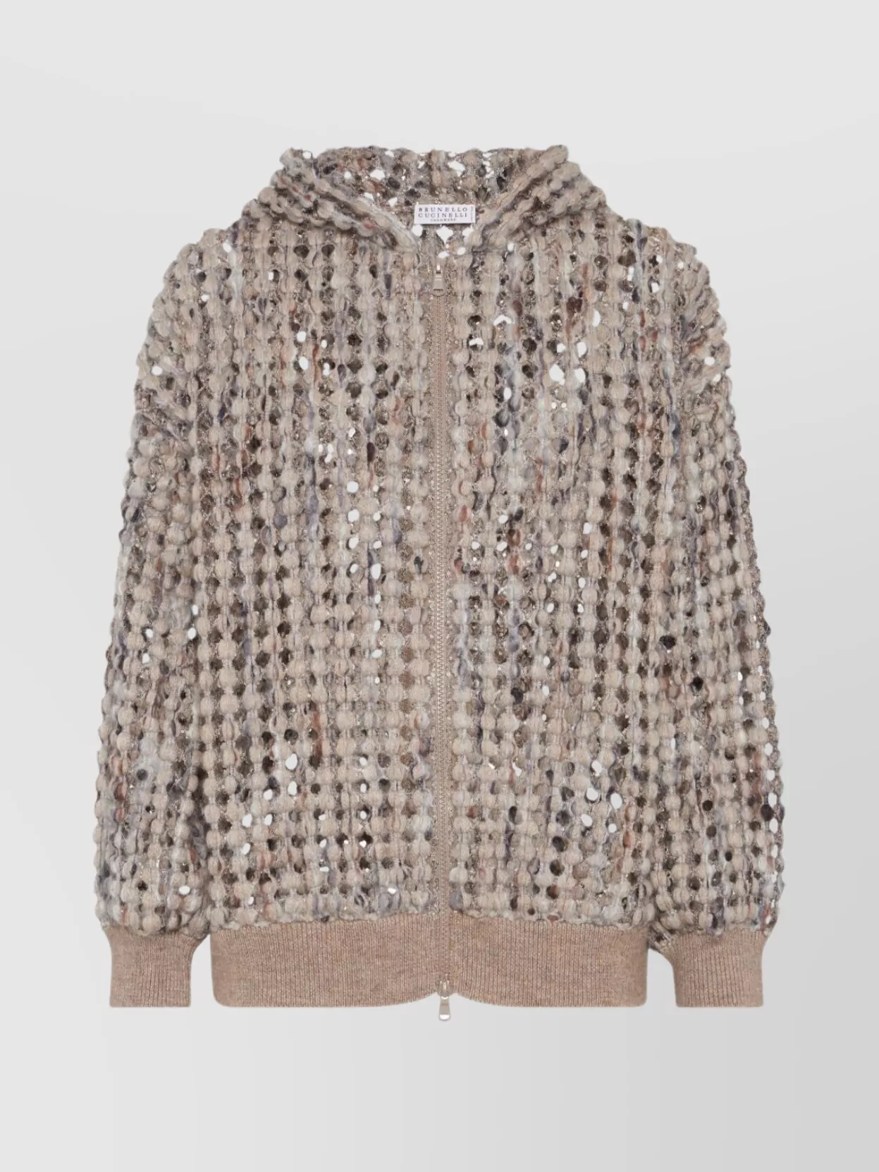 Brunello Cucinelli Pailette Wool-cashmere Net Balloon-sleeve Zip Hoodie In Neutral