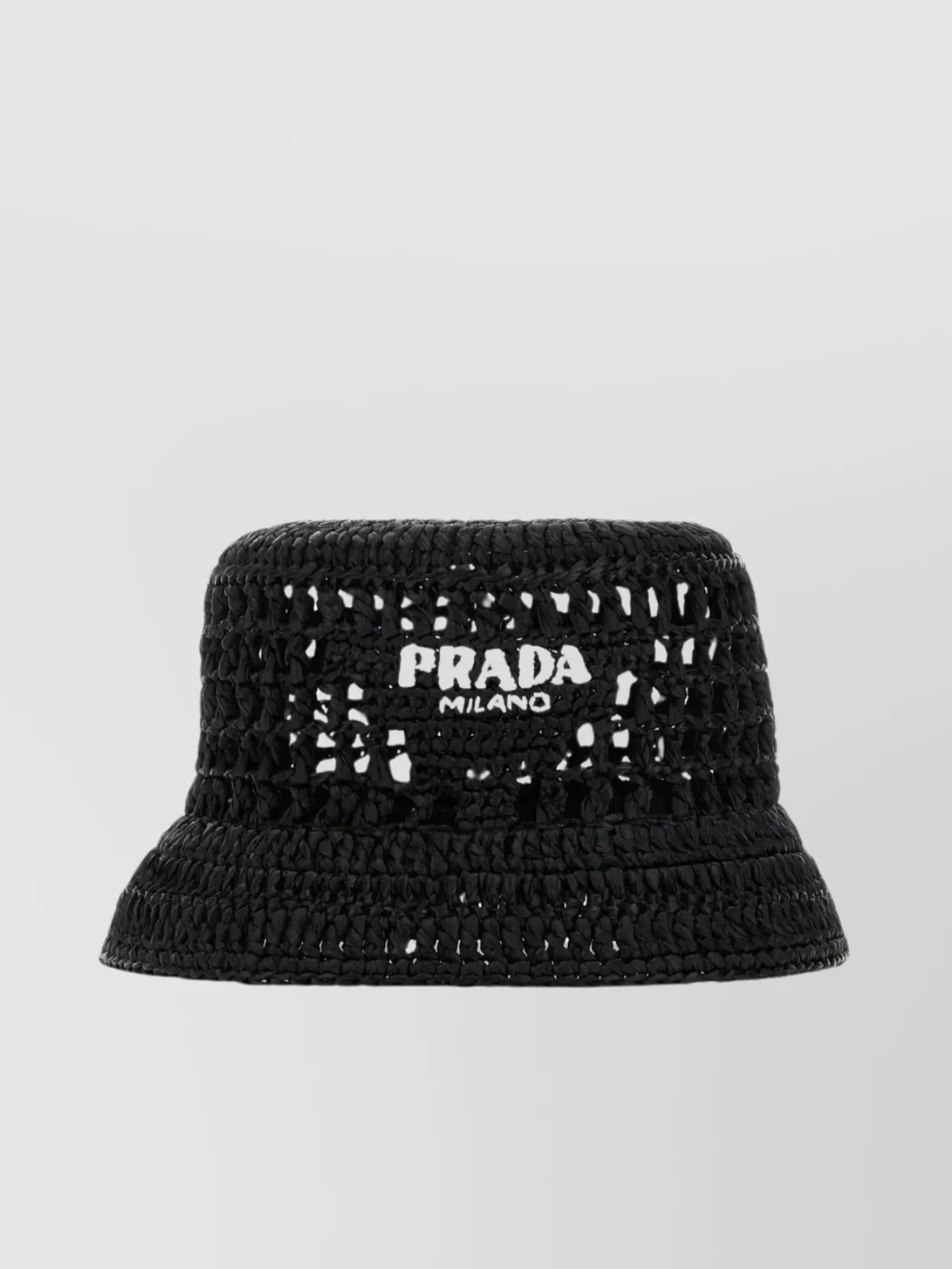Prada Logo Embroidered Raffia Bucket Hat In Black