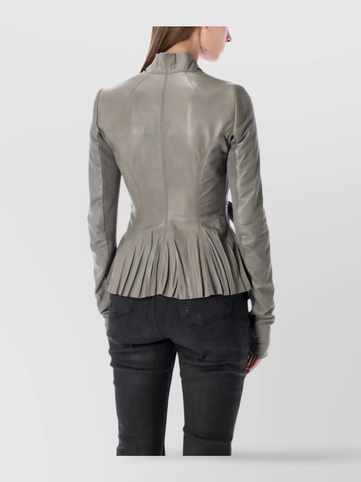 Rick Owens Leather Jacket With Tie Waist And Long Sleeves In Gray