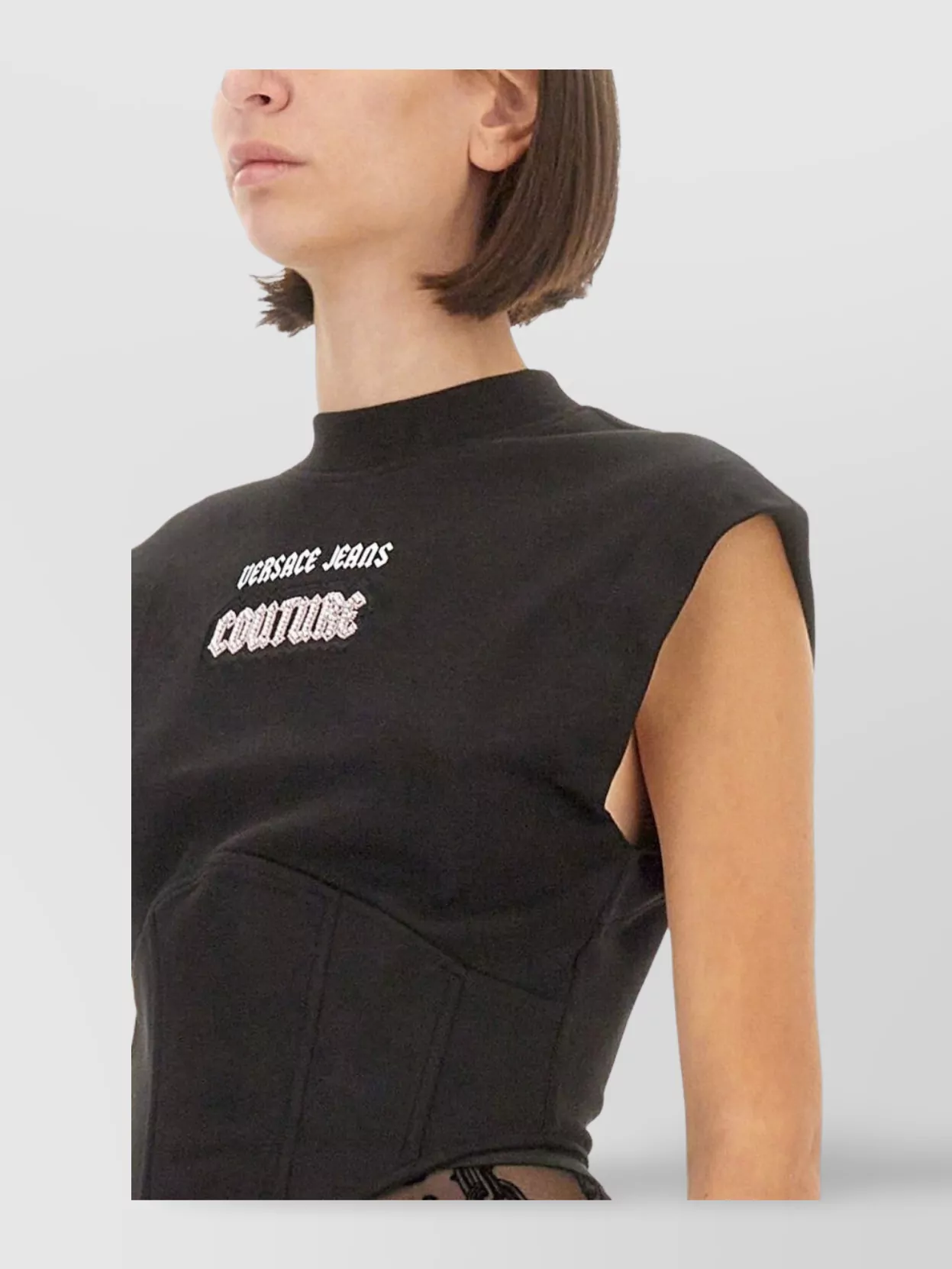 Shop Versace Jeans Couture Logo Cap Sleeve Cropped Slim Fit Tops