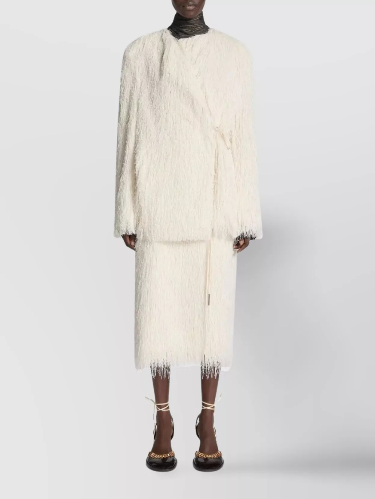 Dries Van Noten Fringed Coat With Knotted Belt And Tie In White