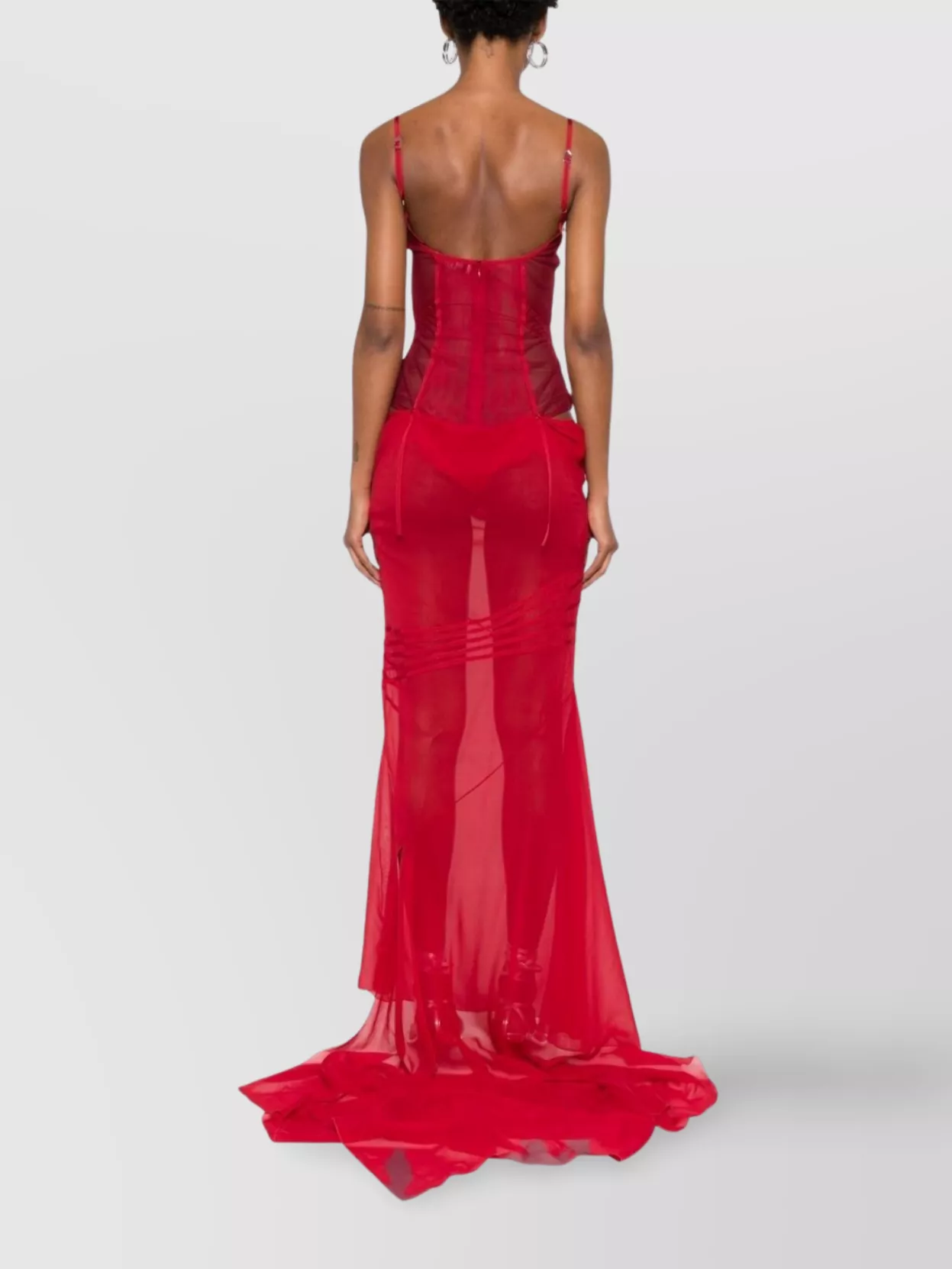 Attico Long Corset Bodice Dress With Mesh Panels In Red