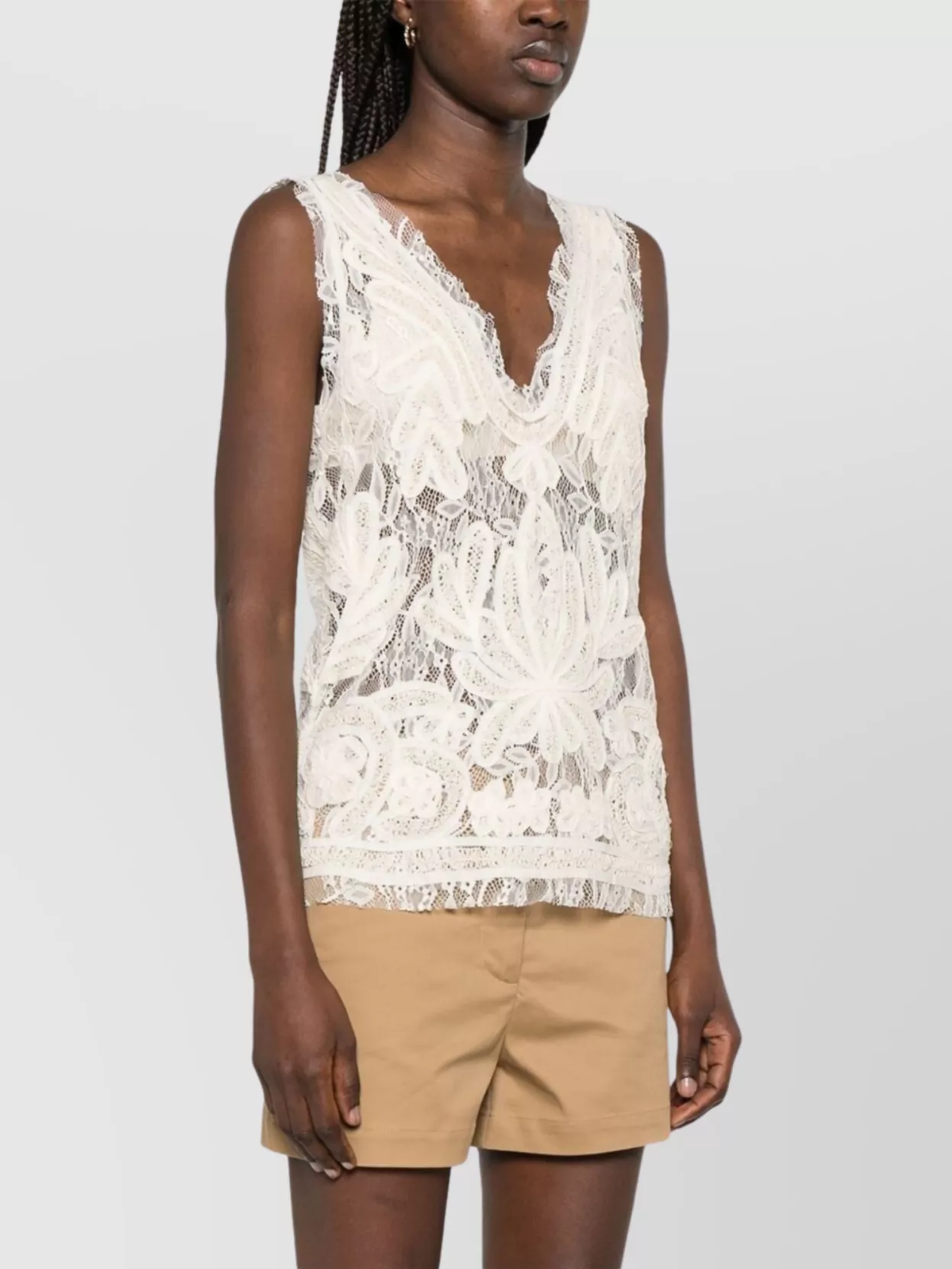 Parosh V-Neck Lace Sleeveless Floral Sheer Top