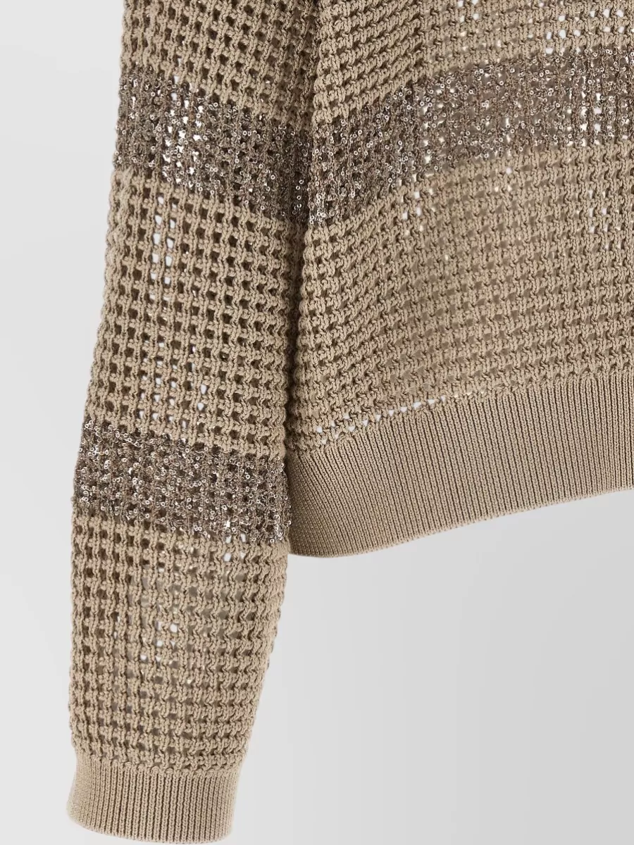 Brunello Cucinelli Cotton Mesh Sequin-Embellished Crew-Neck 3/4-Sleeve Sweater
