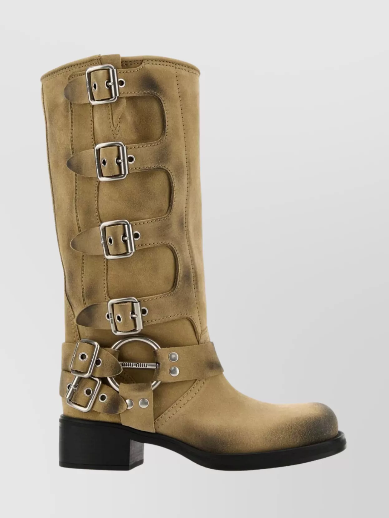 Miu Miu Suede Block Heel Mid-calf Boots With Buckle Straps