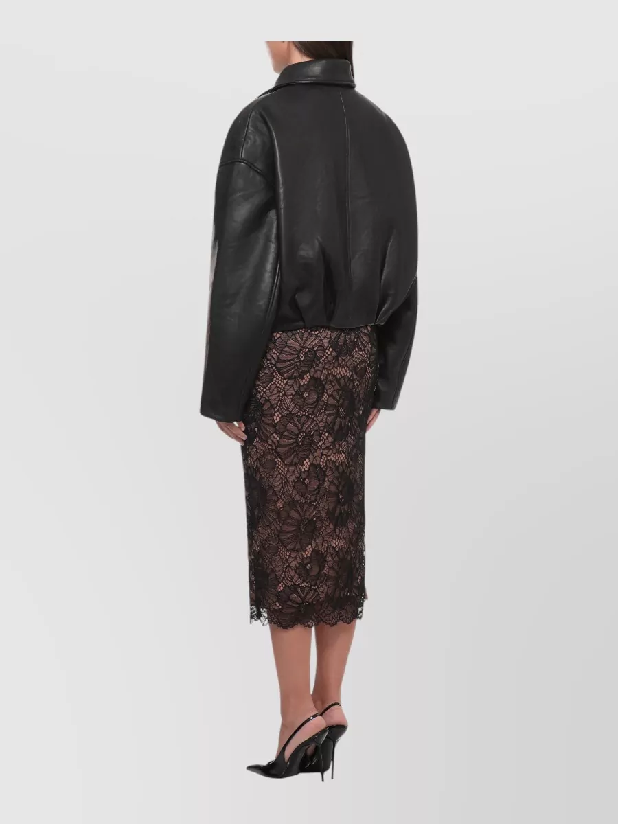 Rotate Cropped Leather Coat Lace Detail Neckline