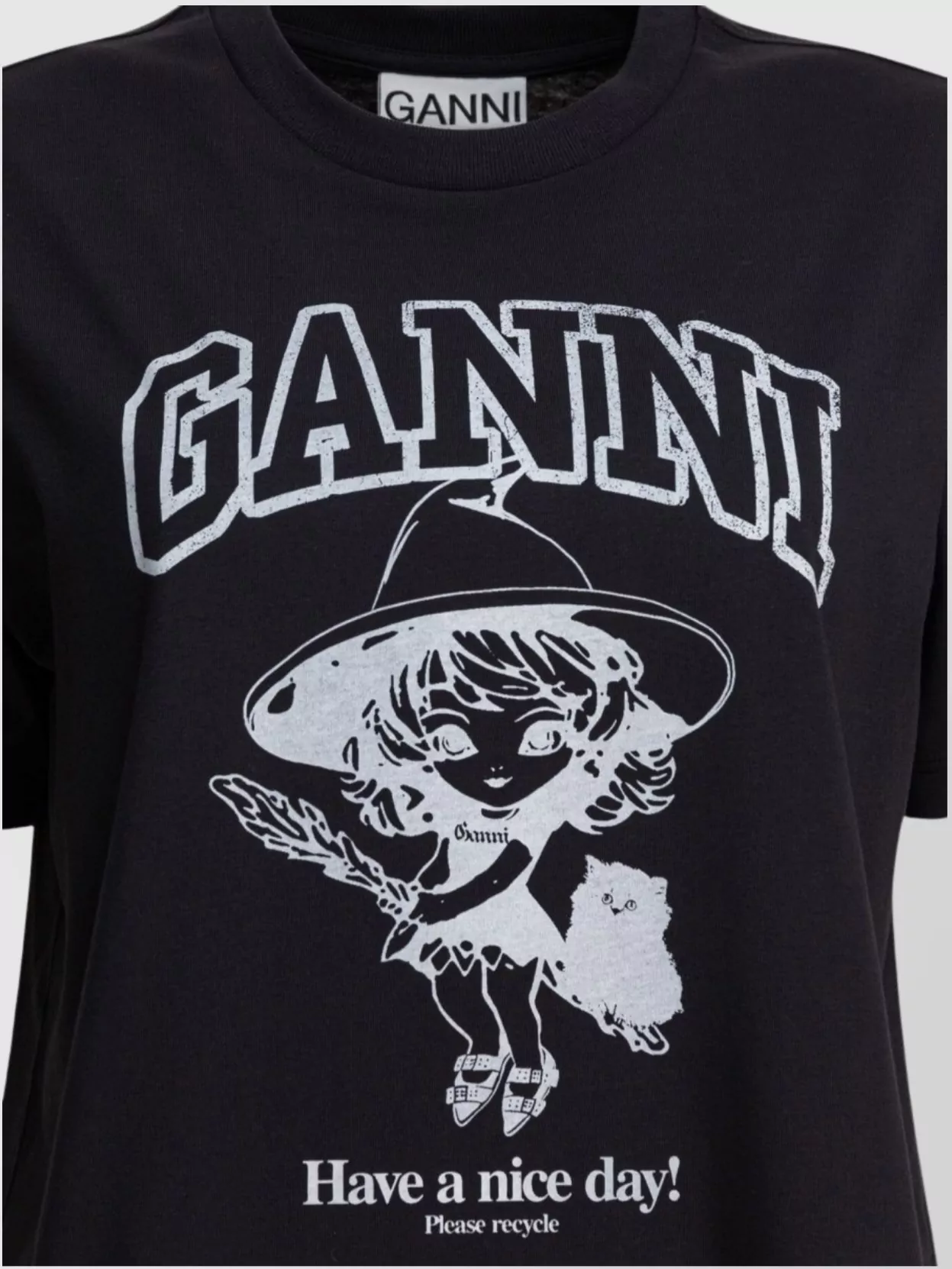 Ganni Black Crewneck T-shirt With Maxi Logo Lettering On The Front And Maxi Print On Front And Rear