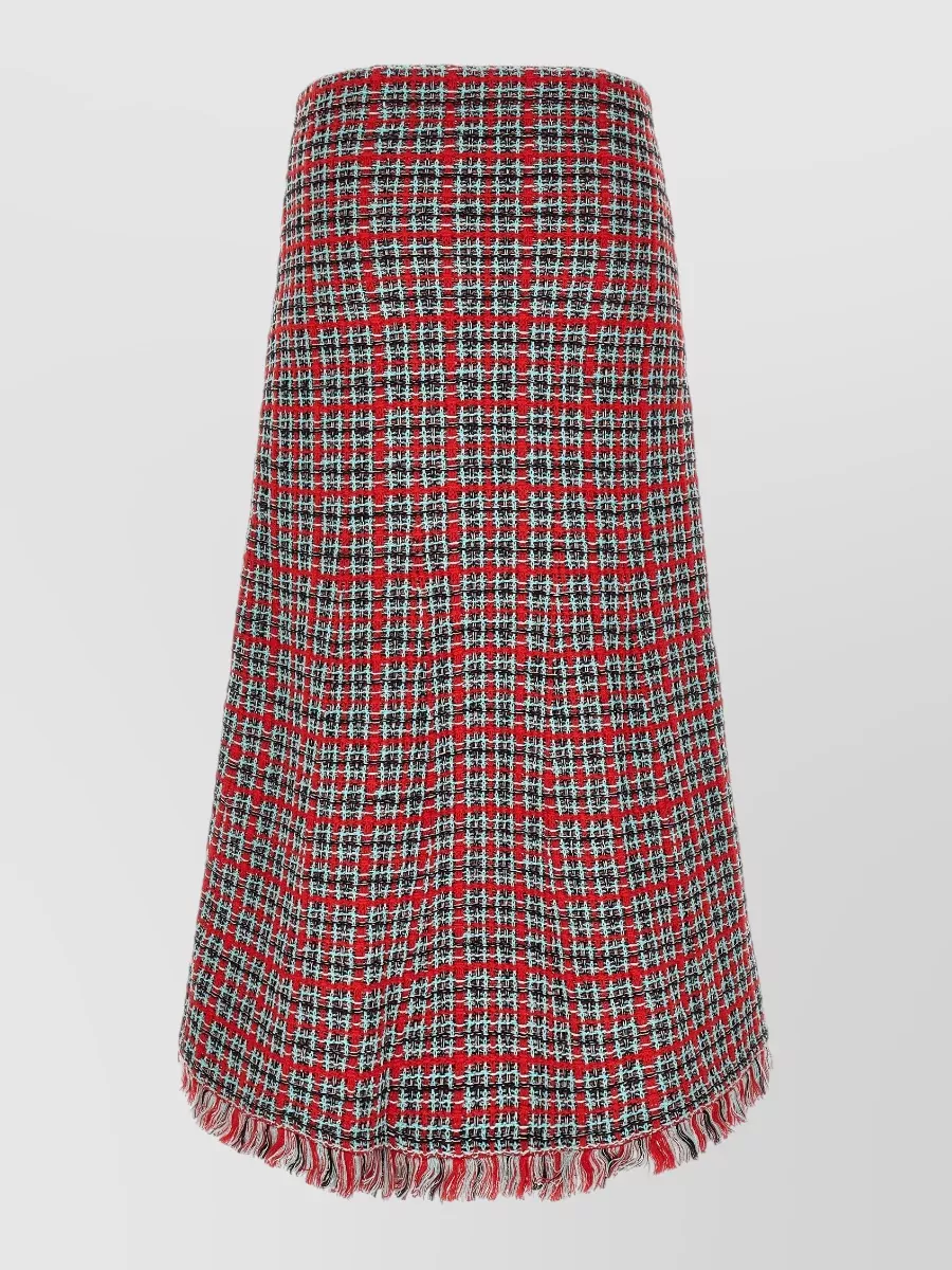Self-Portrait cotton wool checked knit frayed midi a-line skirt
