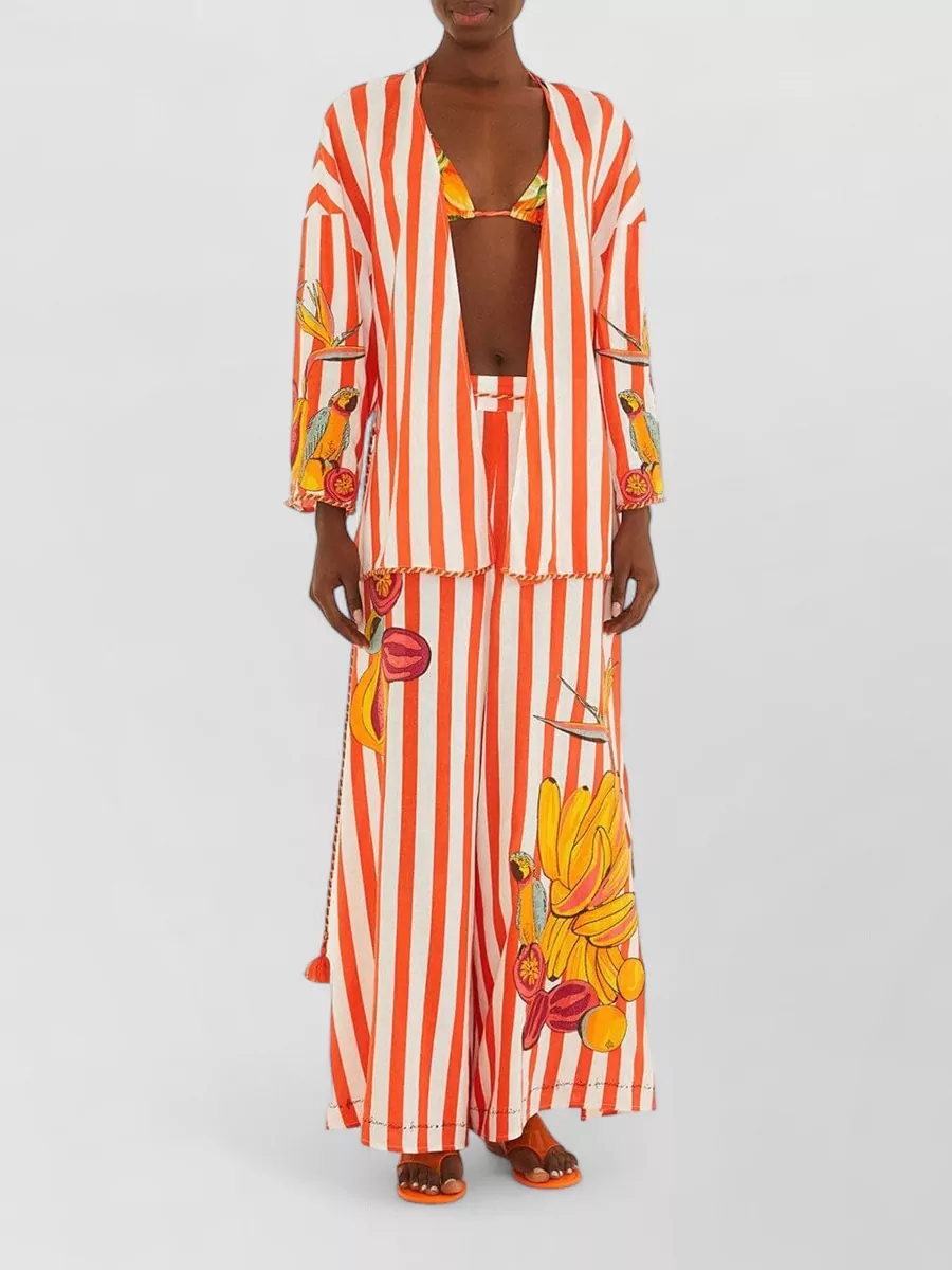 Farm Rio Striped Linen V-Neck Beach Cover-Up Blouse