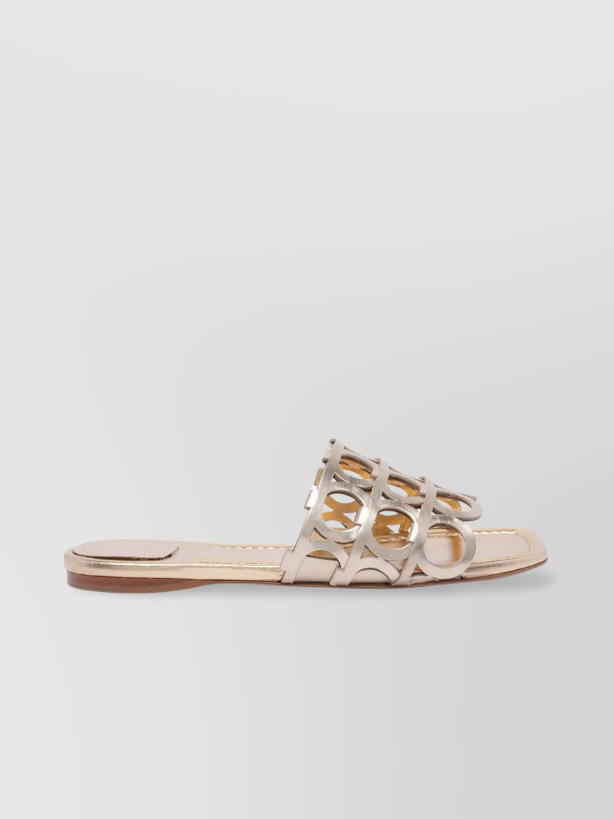 Ferragamo Square Toe Leather Sandals With Metallic Finish