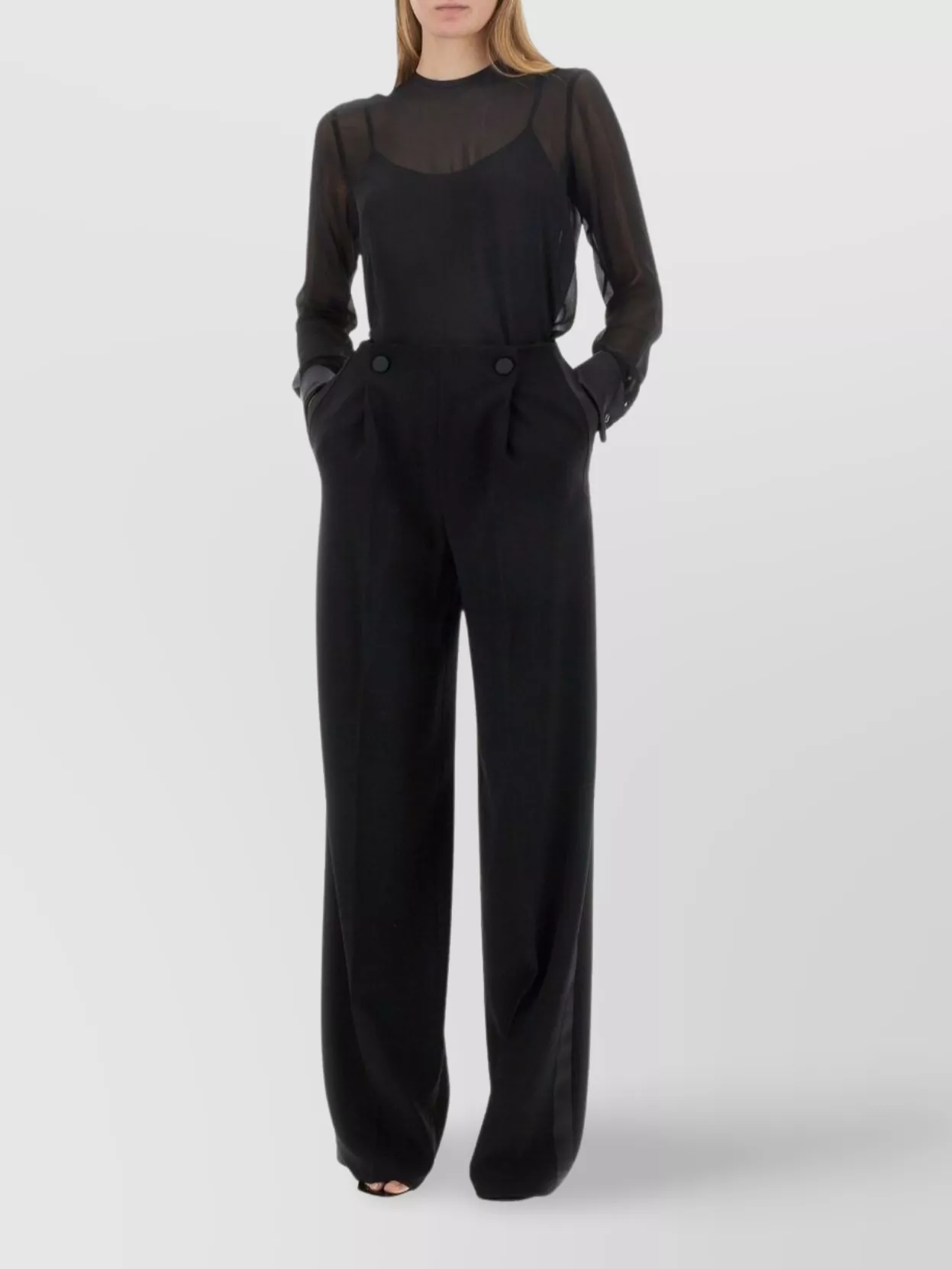 Max Mara High Waist Pleated Wide Leg Trousers With Buttons In Black