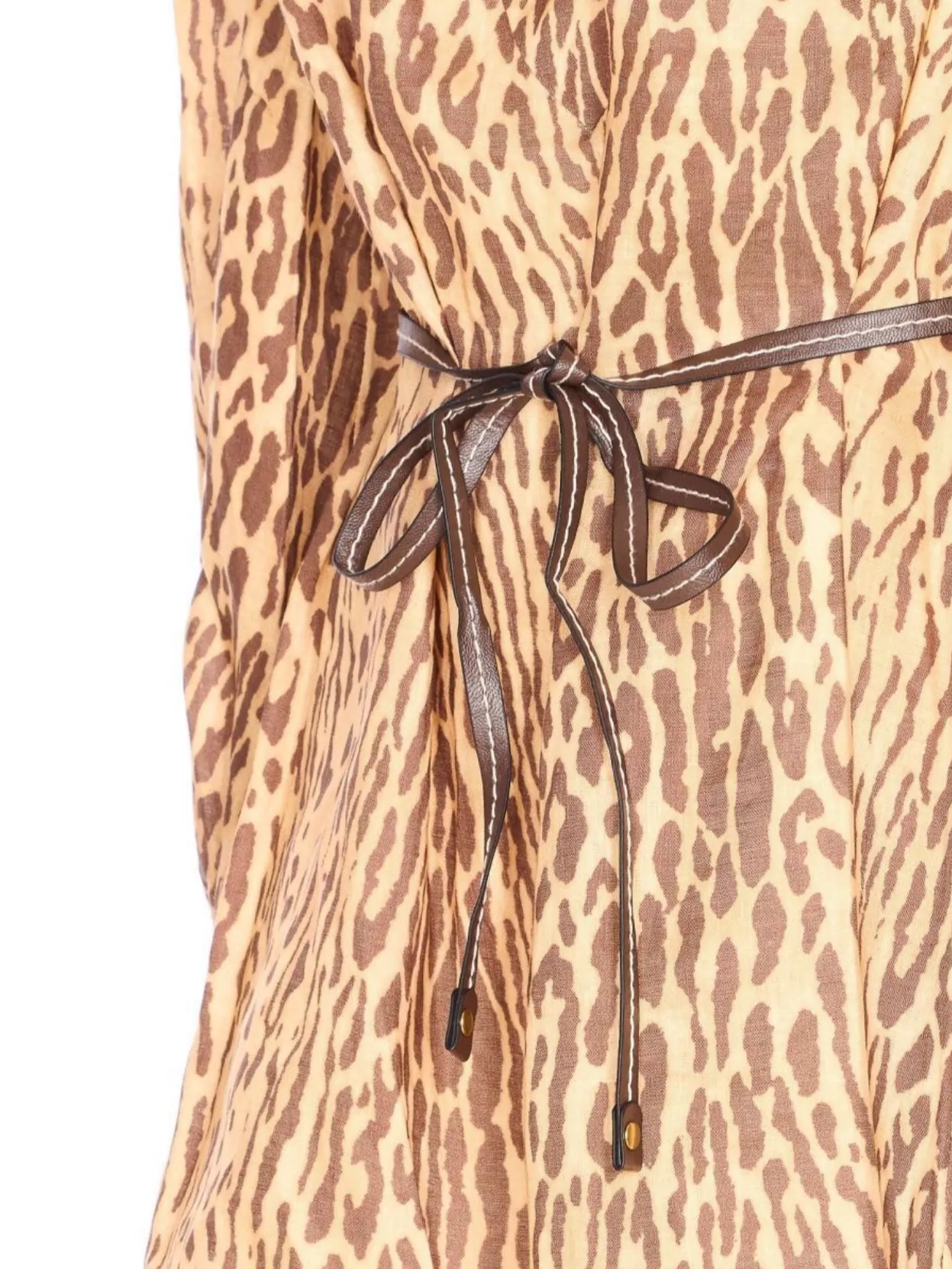 Zimmermann Cascadian Beige Tunic Dress With Stand-up Collar And All-over Leopard Print In Linen Woman In Brown