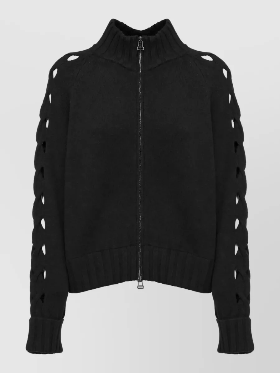 D.exterior cashmere wool high neck long sleeve ribbed cardigan