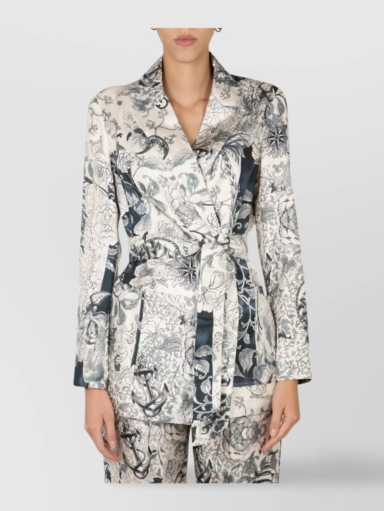 Etro Waist Belted Floral Pattern Lapel Collar
