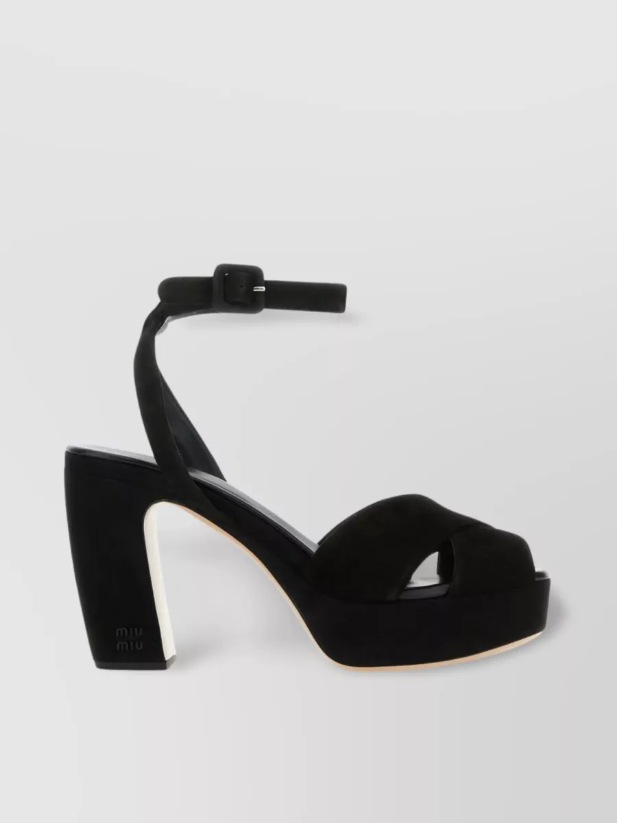 Shop Miu Miu Strap Cross Suede Sandals In Black