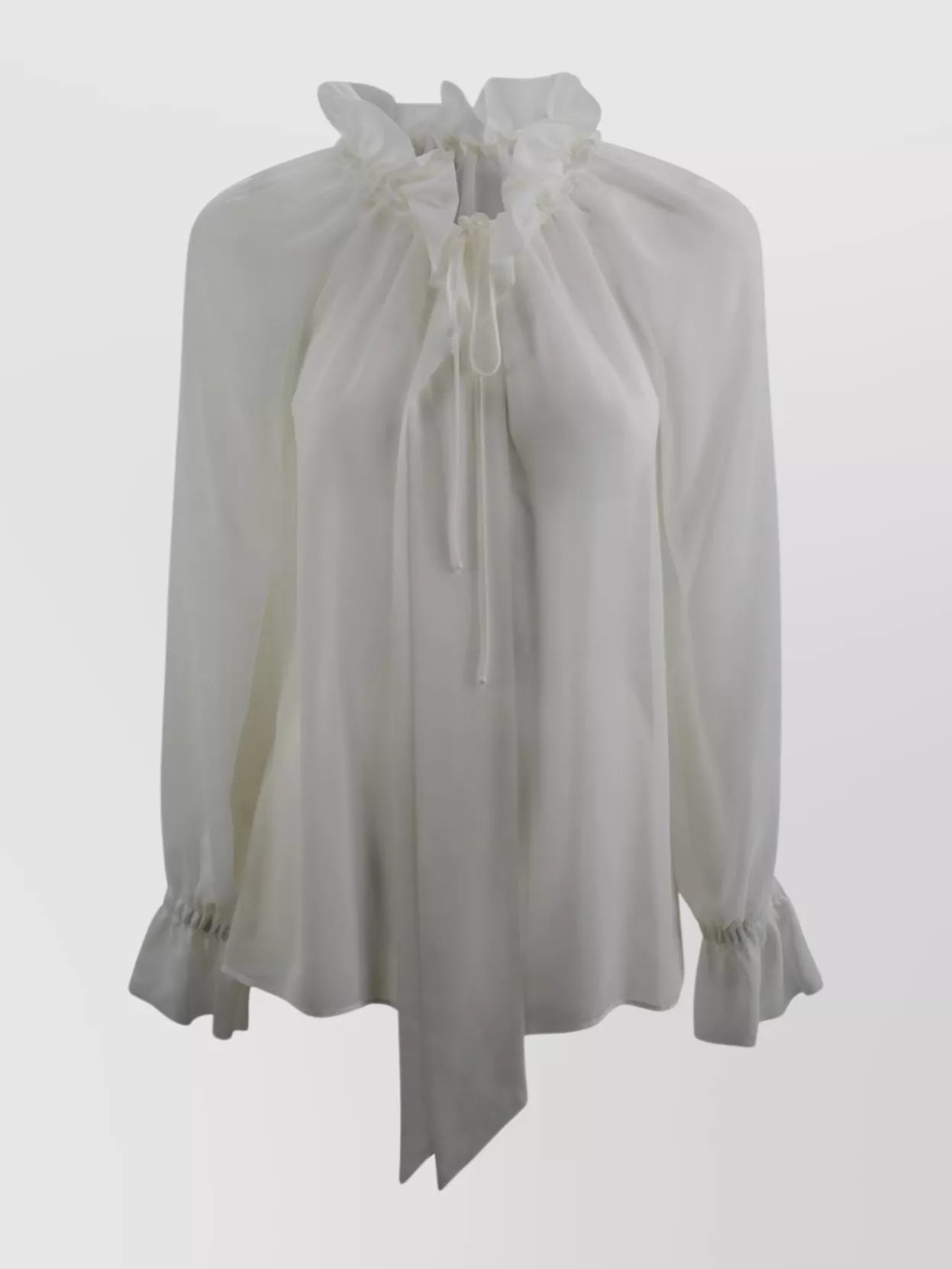 Shop P.a.r.o.s.h Flowing Sheer Georgette Blouse With Ruffled Neckline In Grey
