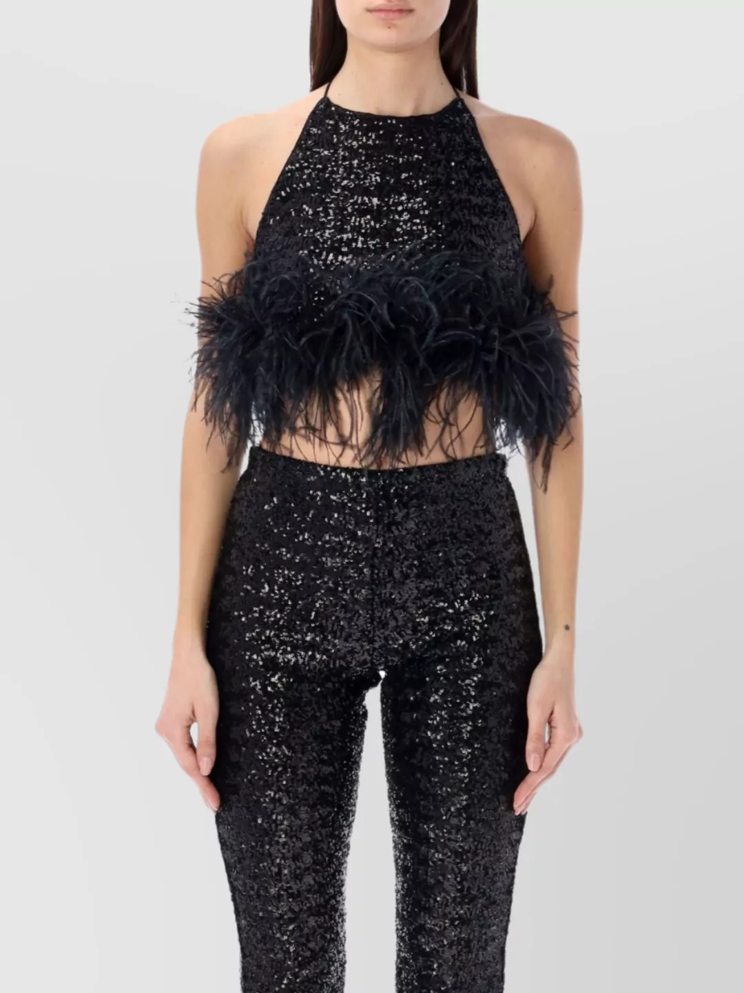 Oseree Sequin Halterneck Crop Top With Feather Trim In Black