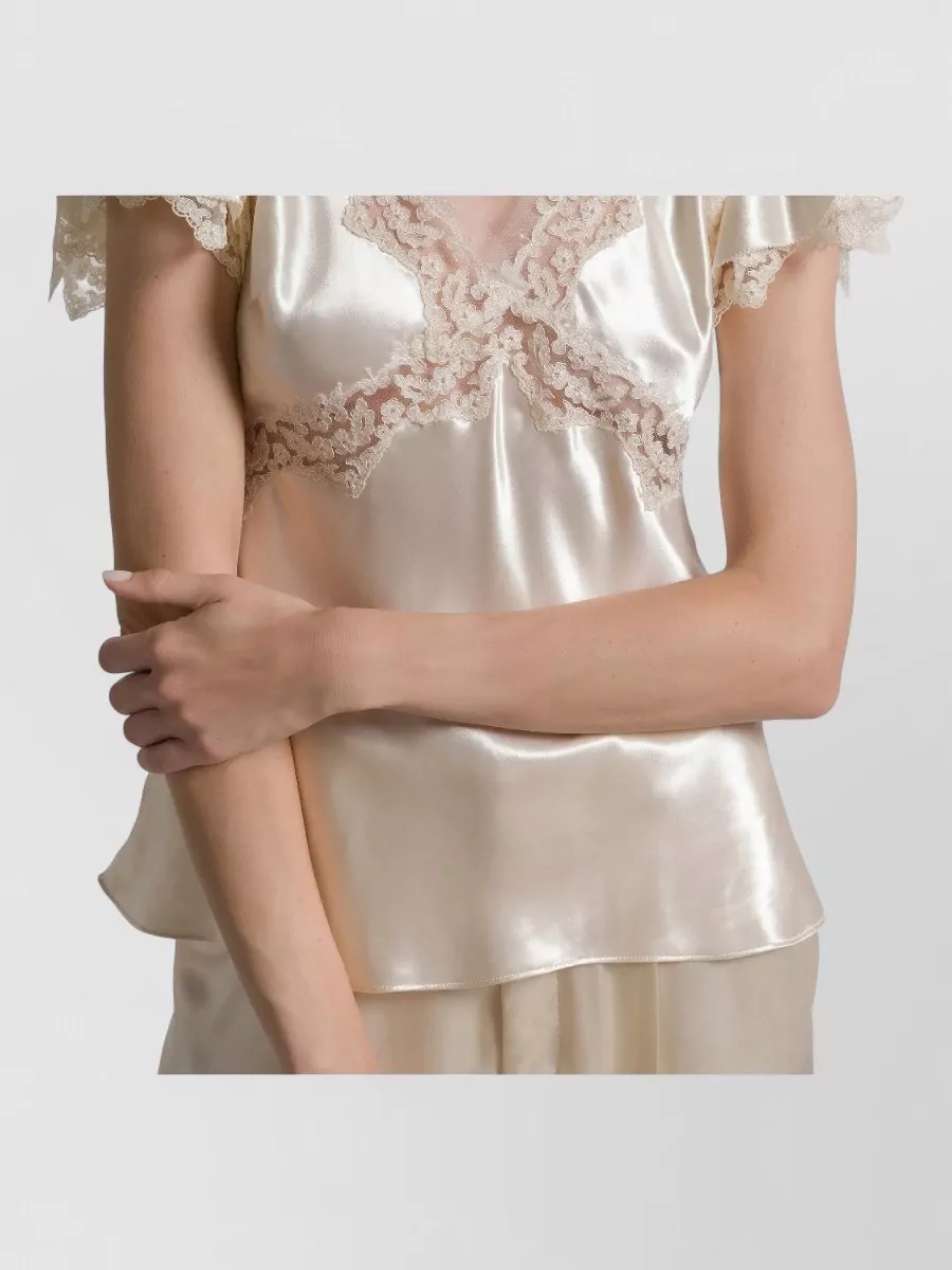 Alberta Ferretti V Neck Satin Top Ruffled Lace