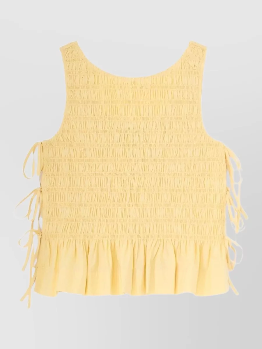 Ganni Smocked Organic Cotton Scoop Neck Ruffled Blouse