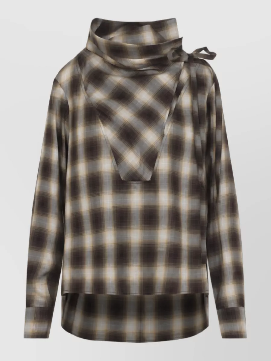 Co checked draped funnel-neck long-sleeve shirt
