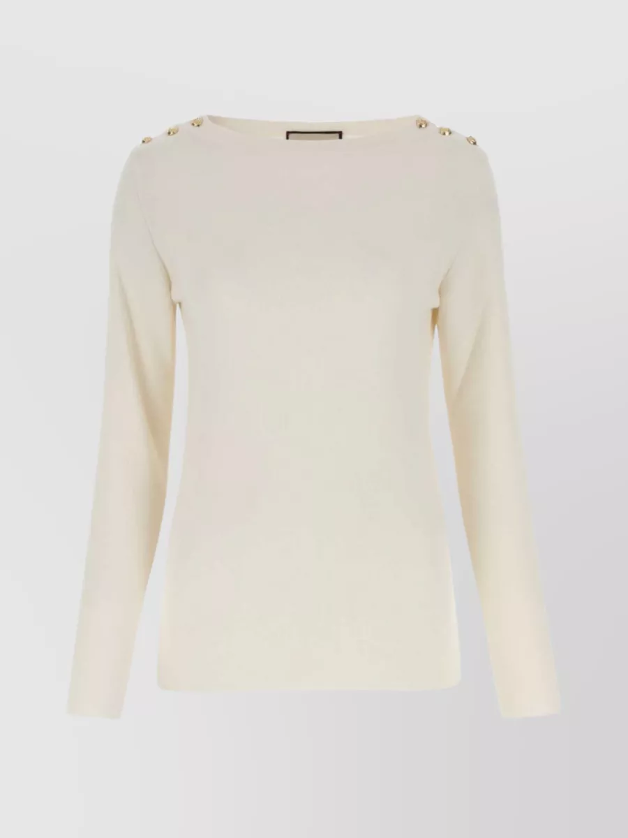 Shop Gucci Buttoned Ribbed Cashmere Crewneck With Long Sleeves In Cream