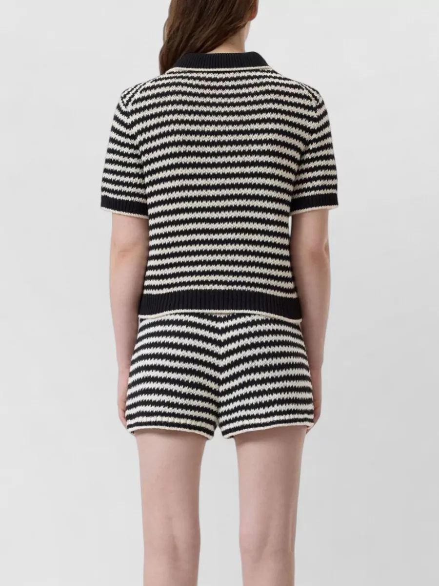 Closed Striped Cotton Short-Sleeve Knitted Cardigan