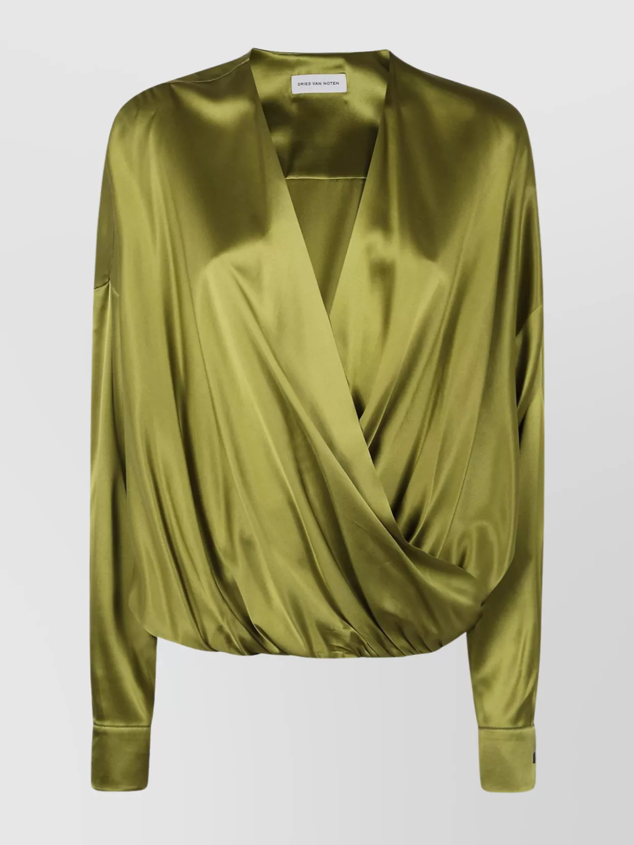 Dries Van Noten Satin V Neck Long Sleeve Draped Top