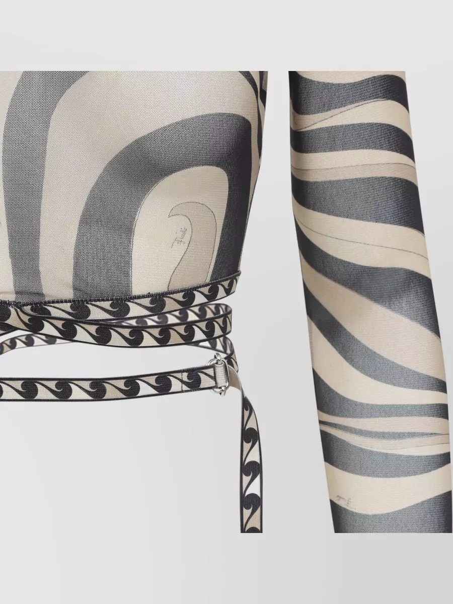 Pucci Printed Tulle Long-Sleeve Crop Top