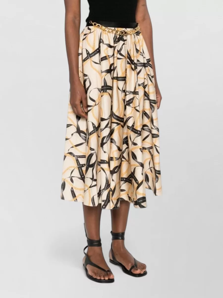 Elisabetta Franchi High Waist Printed Midi Skirt Chain Detail