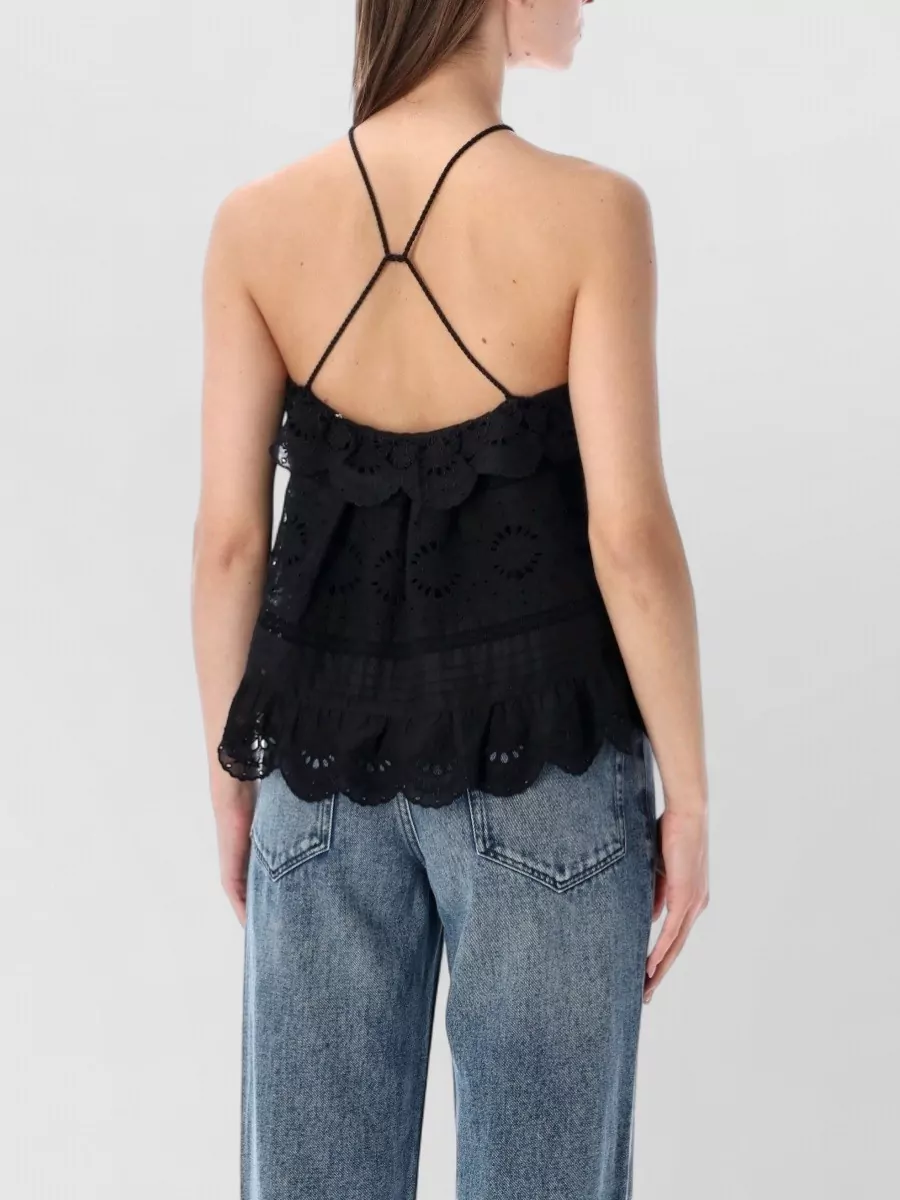 Isabel Marant Etoile Cotton Embroidered Halterneck Ruffled Top