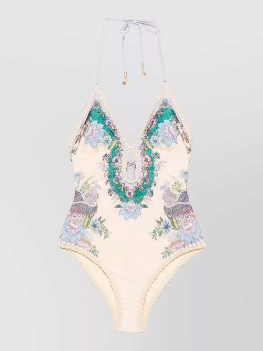 Zimmermann Floral-print crochet-trim halterneck one-piece swimsuit