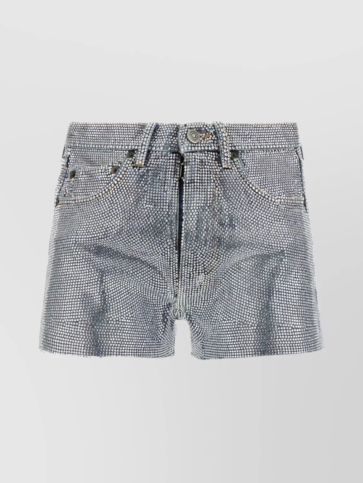 Shop Maison Margiela Denim Shorts Adorned With Rhinestones And Belt Loops In Grey