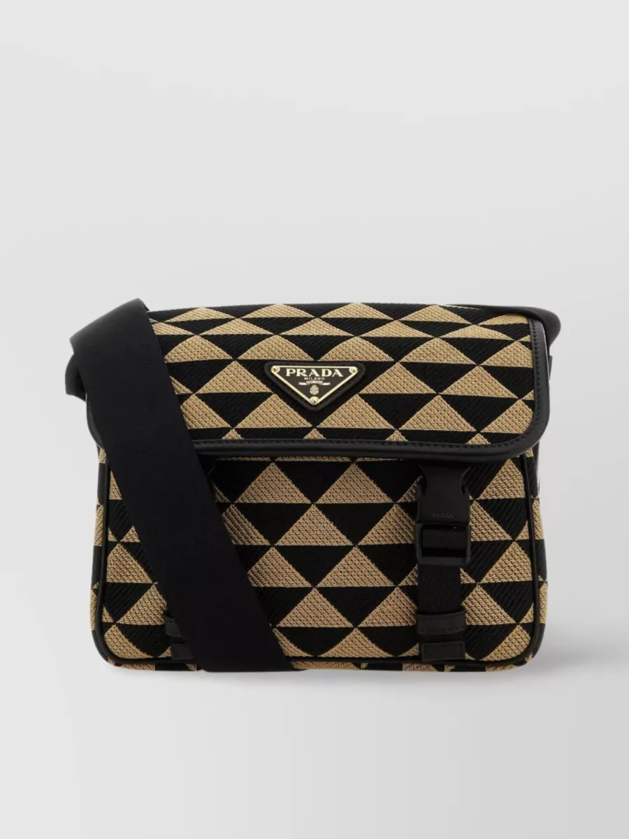 Shop Prada Crossbody Bag With Embroidered Symbole And Geometric Pattern In Beige