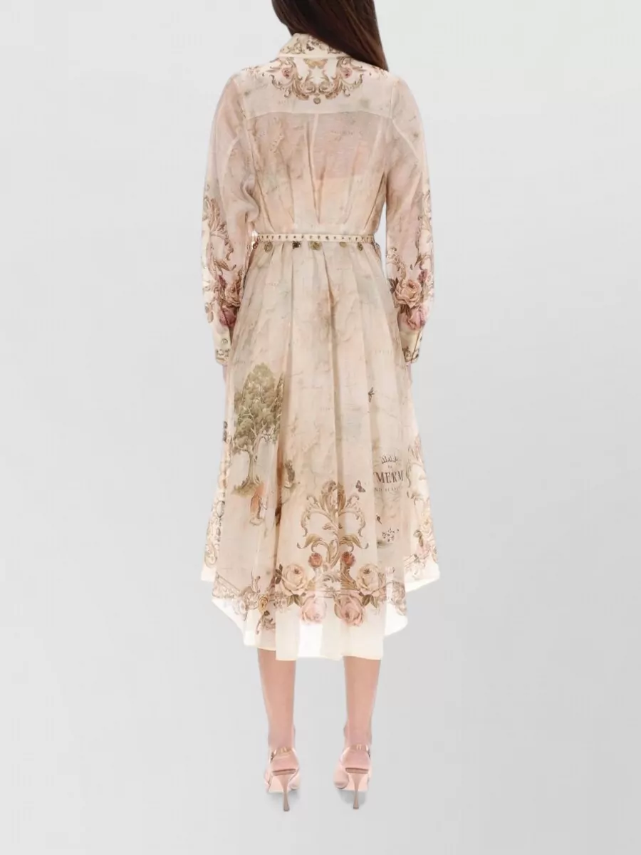 Zimmermann Floral Midi Dress Sheer Long Sleeves Belt