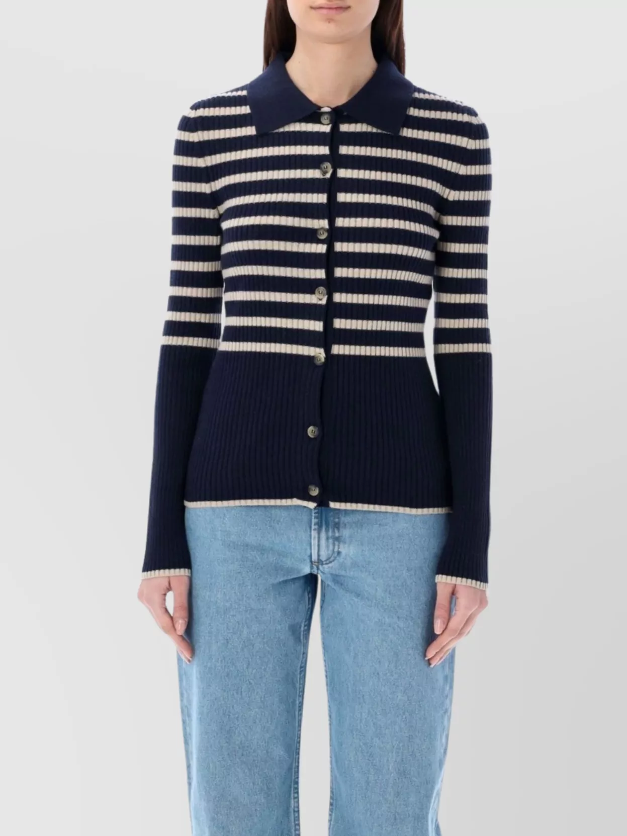 Apc Mallory Collared Neck Striped Ribbed Cardigan In Blue