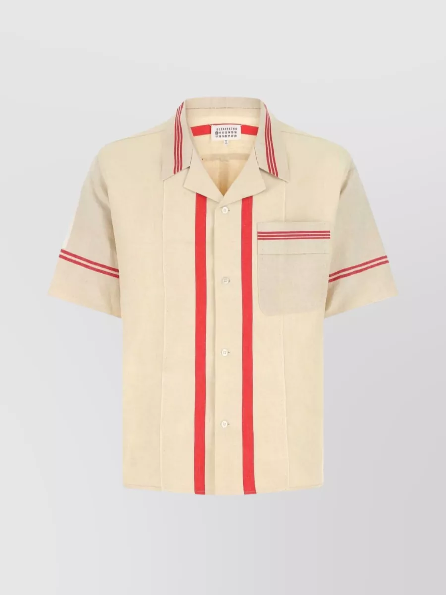 Shop Maison Margiela Striped Cotton Shirt With Short Sleeves And Chest Pocket In Cream