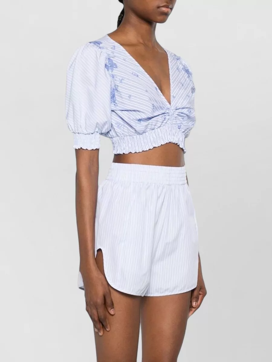 Ermanno Scervino Striped Floral-Embroidered V-Neck Puff-Sleeve Cropped Top
