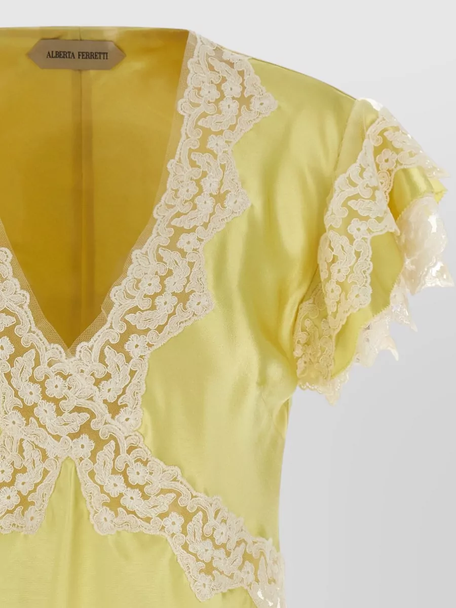 Alberta Ferretti Lace Detail Satin V Neck Top