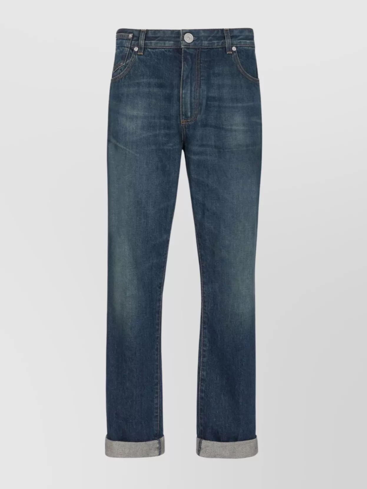 Shop Balmain Vintage Straight-leg Denim Trousers With Cuffed Hem In Blue