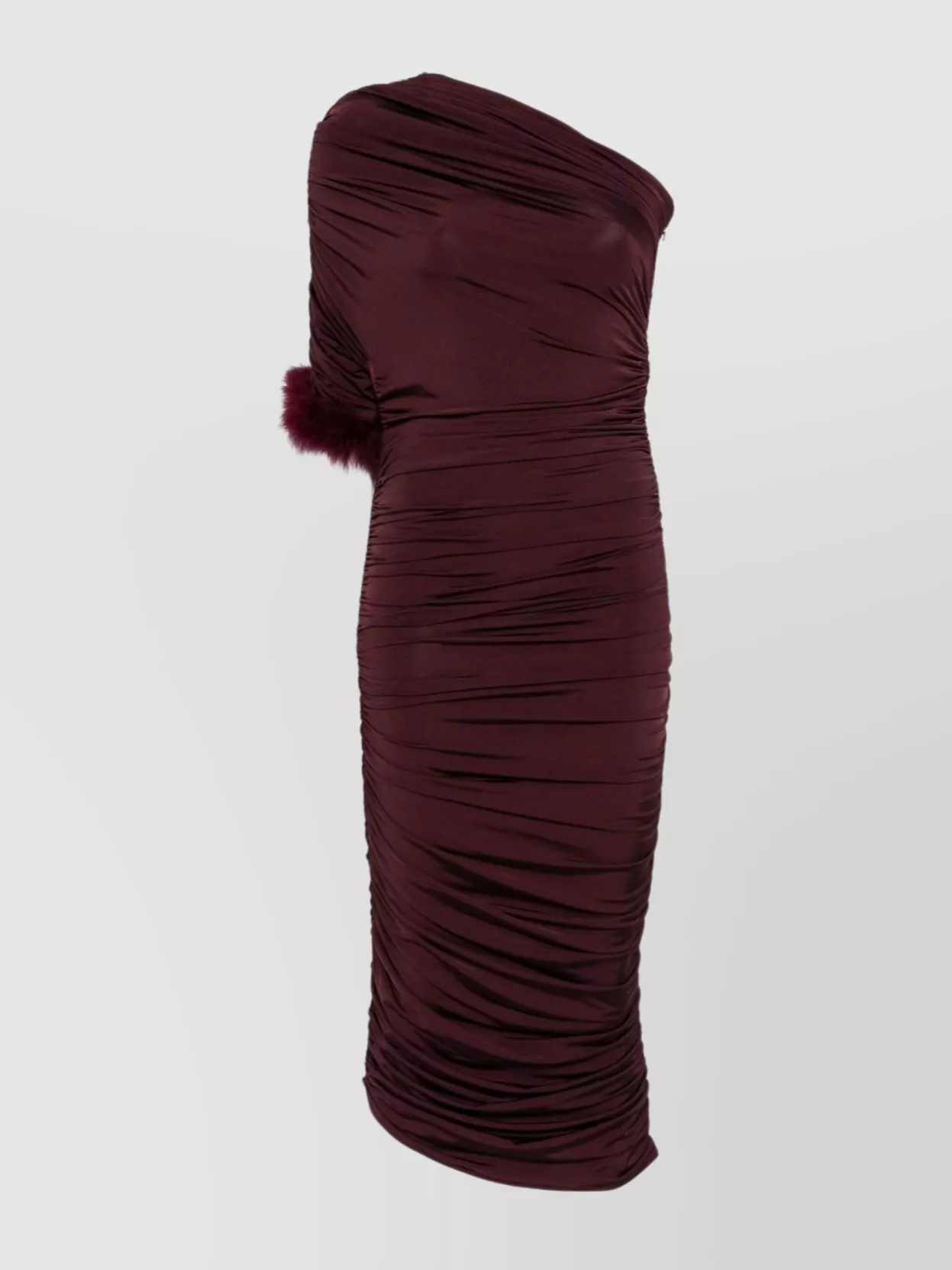 Mugler One Shoulder Feather Trim Ruched Midi Dress In Brown