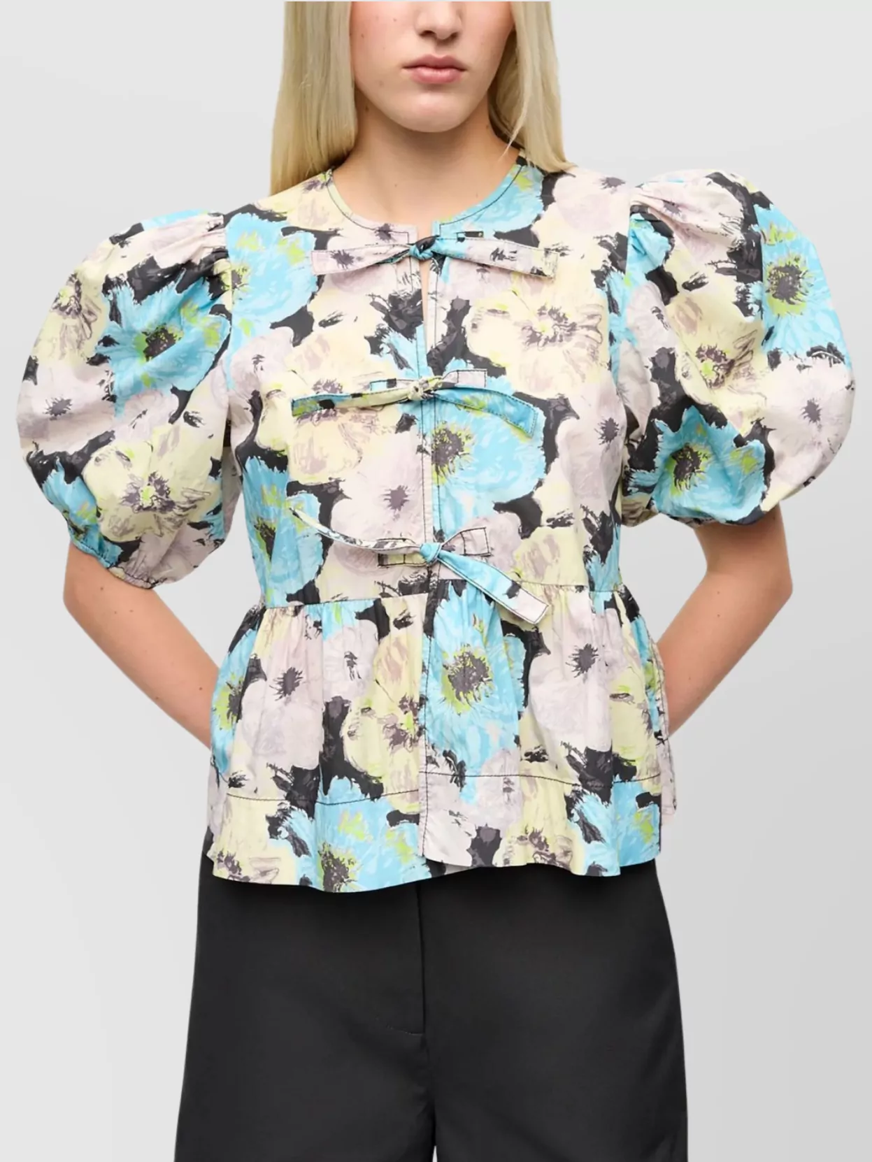 Ganni Floral Print Cotton Peplum Blouse