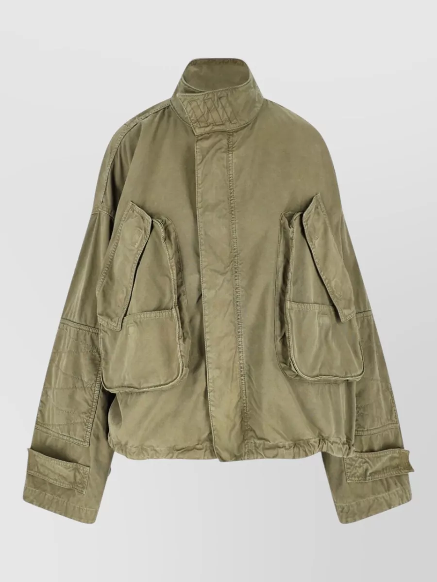 Attico High Collar Jacket Front Pockets Snaps In Green