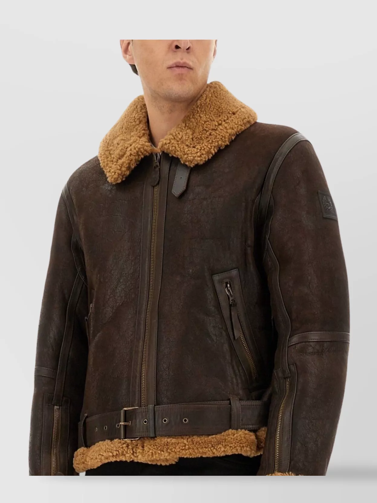 Belstaff Shearling Collar Panelled Jacket Belted