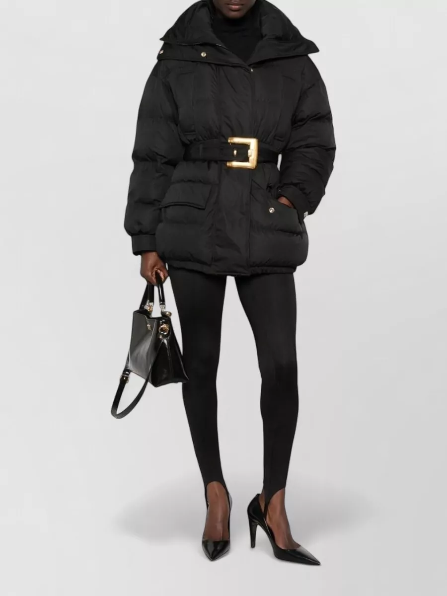 Balmain Quilted Hooded Coat Belt Waist Hardware In Black