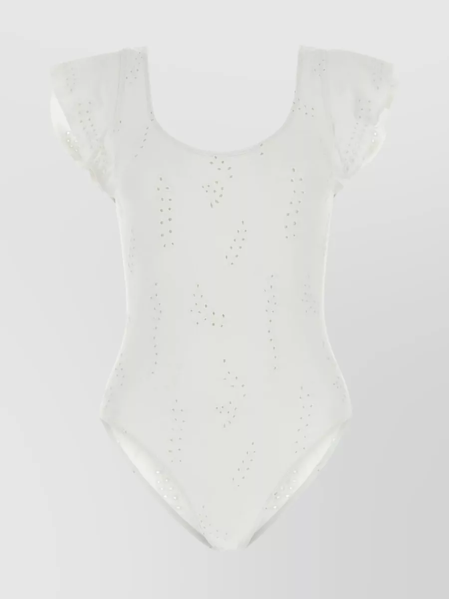 Shop Chloé Flounced Sleeve Scoop Back Swimsuit With Embroidery In Grey