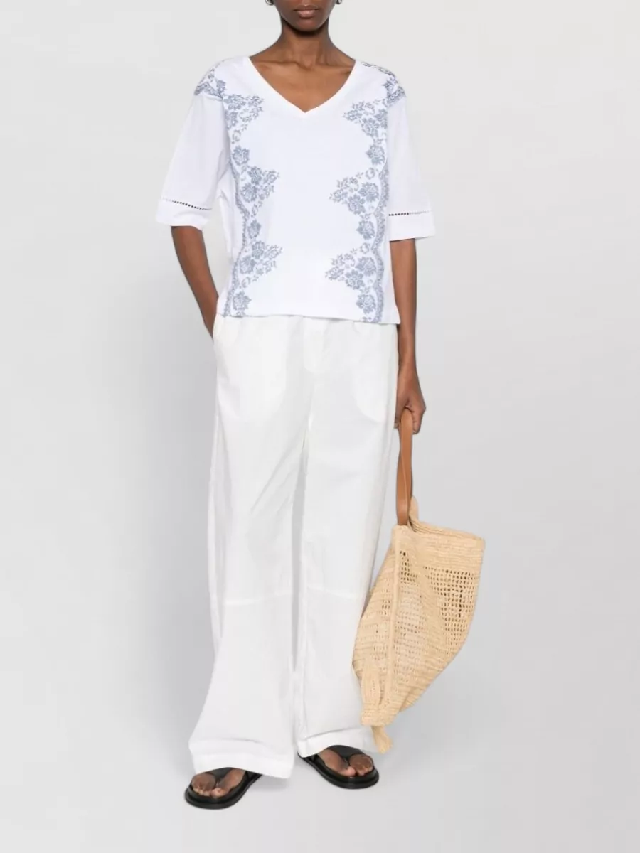 Ermanno Firenze Cotton Floral-Print Pointelle V-Neck Short-Sleeve Blouse