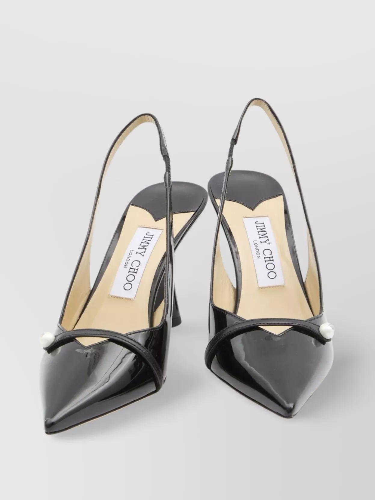 Jimmy Choo Button Detail Patent Pointed Stiletto Pumps In Silver