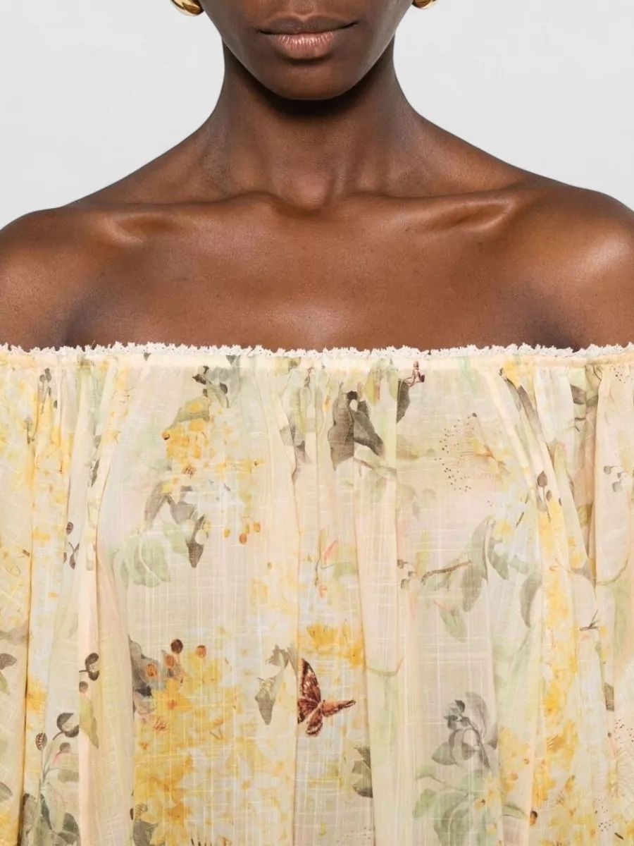 Zimmermann Cotton Floral-Print Off-Shoulder Long-Sleeve Tiered Mini Dress