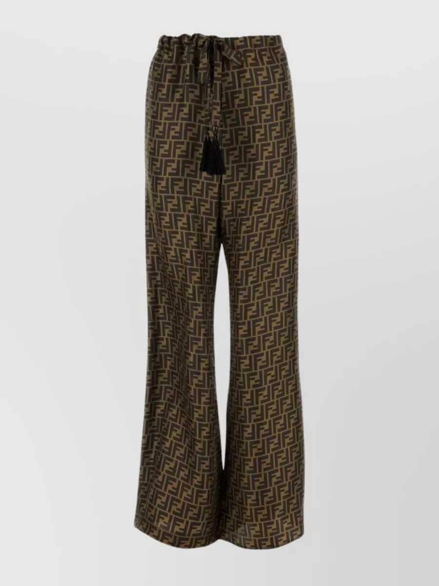 Fendi Patterned Silk Palazzo Trousers In Brown